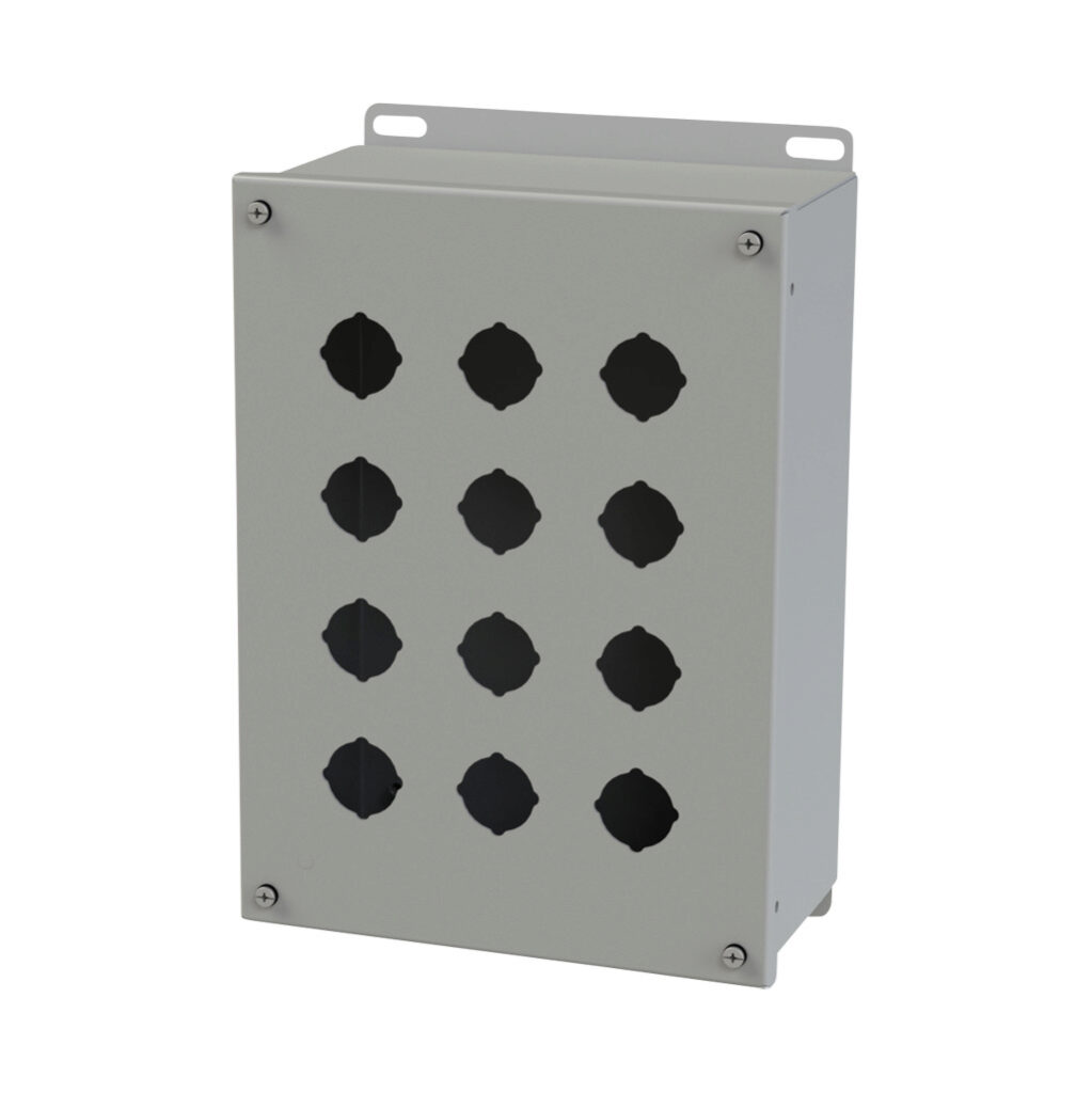 SCE-12PBX - Saginaw pushbutton enclosure, 12 holes, 30mm, NEMA 4/12/13, 12 x 9 x 5in (HxWxD), wall mount, carbon steel, ANSI 61 gray, powder coat finish, screw cover.