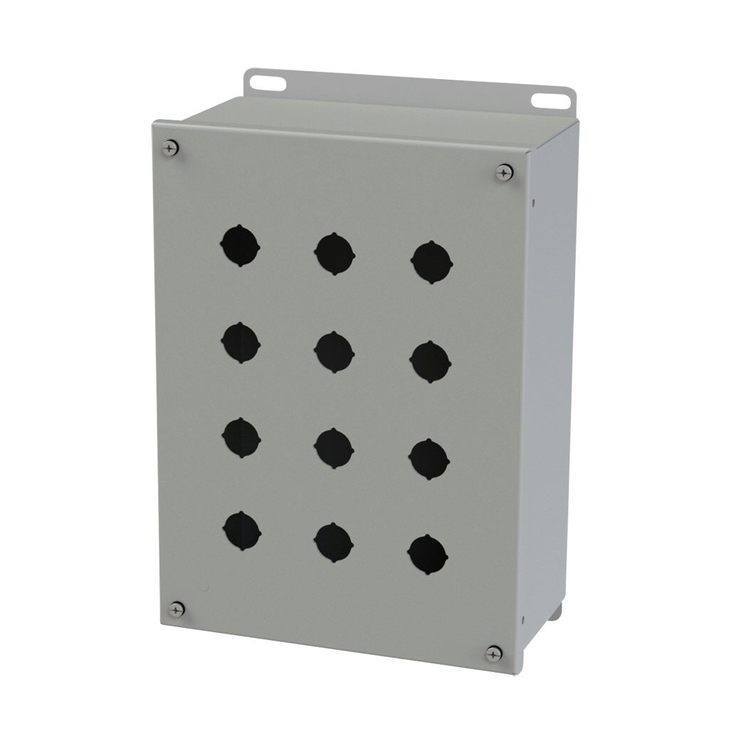 SCE-12PBXI - Saginaw pushbutton enclosure, 12 holes, 22mm, NEMA 4/12/13, 12 x 9 x 5in (HxWxD), wall mount, carbon steel, ANSI 61 gray, powder coat finish, screw cover.
