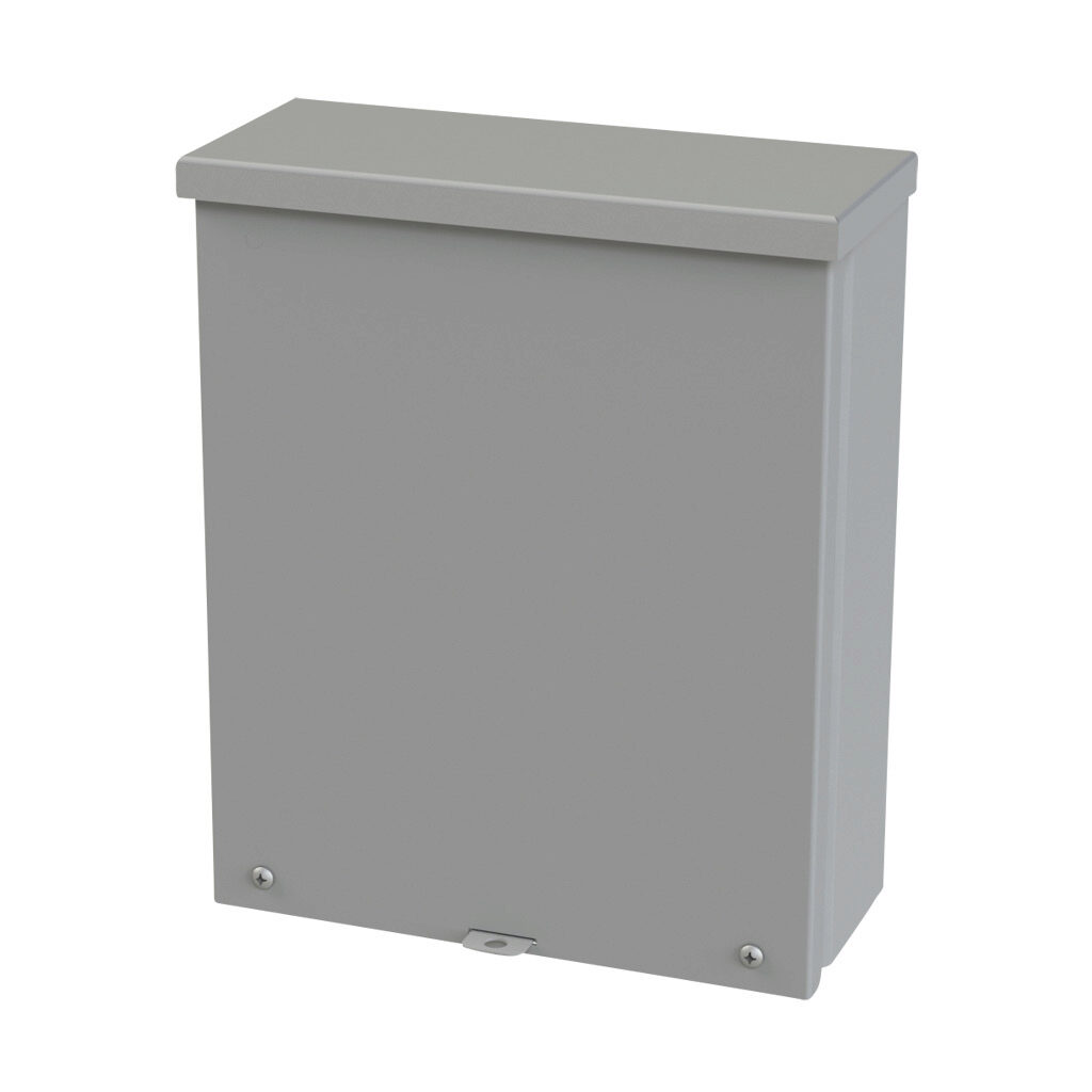 SCE-12R104 - Saginaw enclosure, NEMA 3R, 12 x 10 x 4in (HxWxD), wall mount, carbon steel, ANSI 61 gray, powder coat finish, screw cover, padlock hasp and staple.
