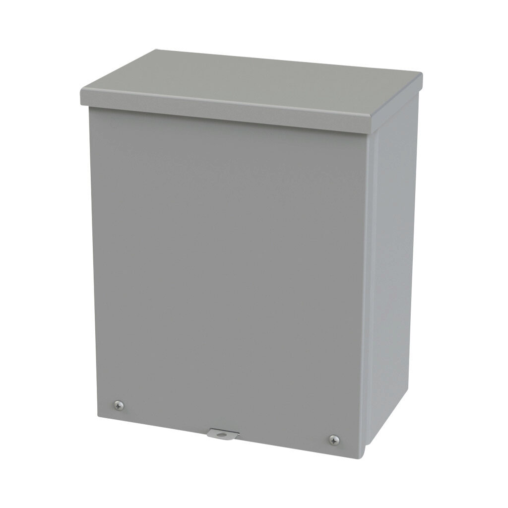 SCE-12R106 - Saginaw enclosure, NEMA 3R, 12 x 10 x 6in (HxWxD), wall mount, carbon steel, ANSI 61 gray, powder coat finish, screw cover, padlock hasp and staple.