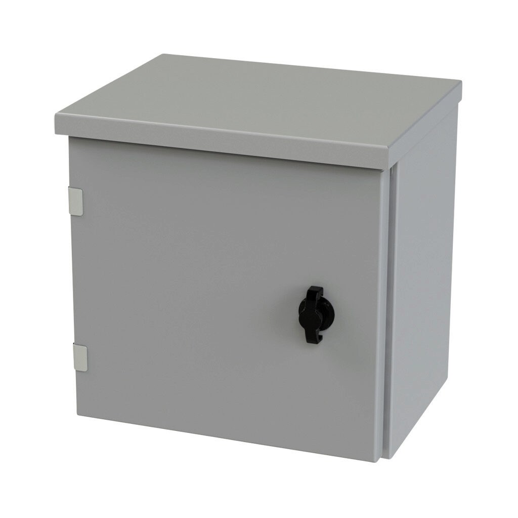 SCE-12R1208LP - Saginaw enclosure, NEMA 3R, 12 x 12 x 8in (HxWxD), wall mount, carbon steel, ANSI 61 gray, powder coat finish, single-door, 1/4-turn padlocking wing handle.