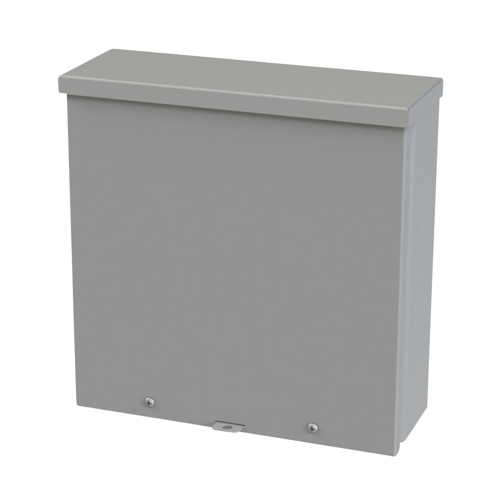 SCE-12R124 - Saginaw enclosure, NEMA 3R, 12 x 12 x 4in (HxWxD), wall mount, carbon steel, ANSI 61 gray, powder coat finish, screw cover, padlock hasp and staple.