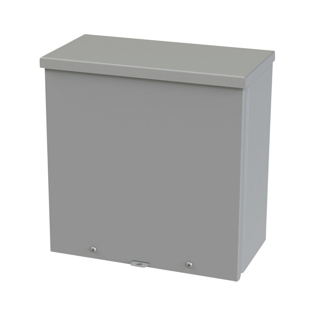 SCE-12R126 - Saginaw enclosure, NEMA 3R, 12 x 12 x 6in (HxWxD), wall mount, carbon steel, ANSI 61 gray, powder coat finish, screw cover, padlock hasp and staple.