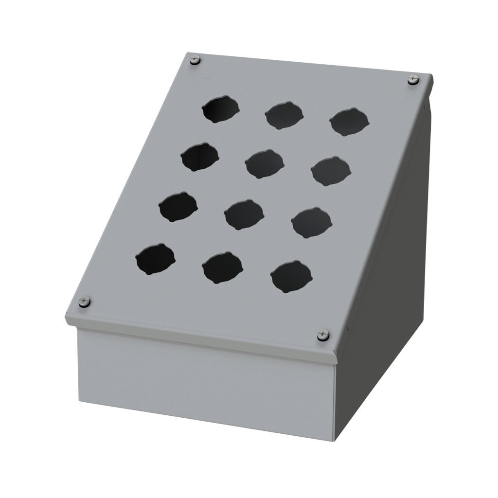 SCE-12SPBA - Saginaw pushbutton consolet, 12 holes, 30mm, NEMA 4/12/13, 11 x 9 x 9in (HxWxD), wall mount, carbon steel, ANSI 61 gray, powder coat finish, screw cover.