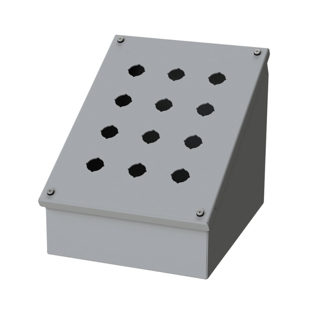 SCE-12SPBAI - Saginaw pushbutton consolet, 12 holes, 22mm, NEMA 4/12/13, 11 x 9 x 9in (HxWxD), wall mount, carbon steel, ANSI 61 gray, powder coat finish, screw cover.
