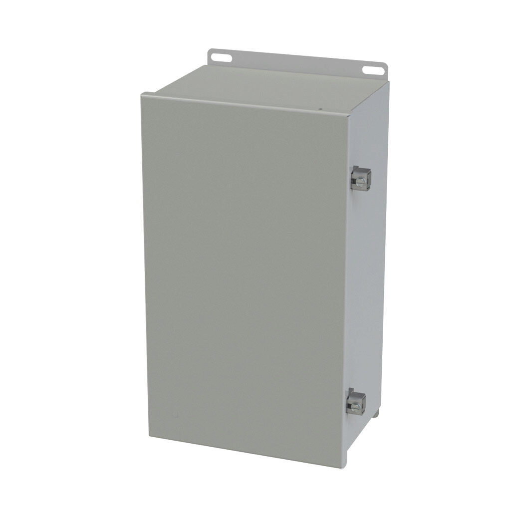 SCE-14086CHNF - Saginaw enclosure, NEMA 3R/4/12/13, 14 x 8 x 6in (HxWxD), wall mount, carbon steel, ANSI 61 gray, powder coat finish, single-door, stainless steel clamps.