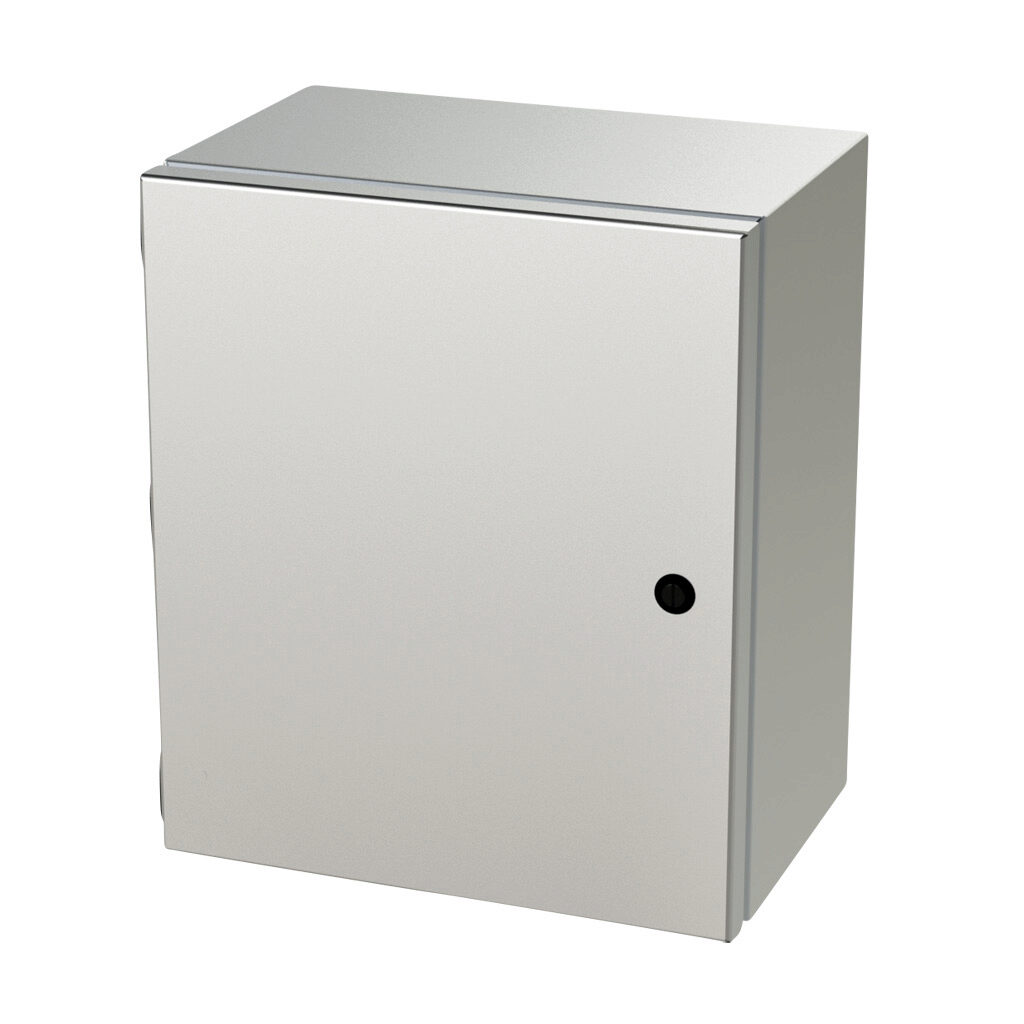 SCE-14128ELJSS - Saginaw Enviroline Junction series enclosure, NEMA 3R/4/4X/12/13, 14 x 12 x 8in (HxWxD), wall mount, 304 stainless steel, #4 brush finish, single-door, 1/4-turn semi-flush latch.
