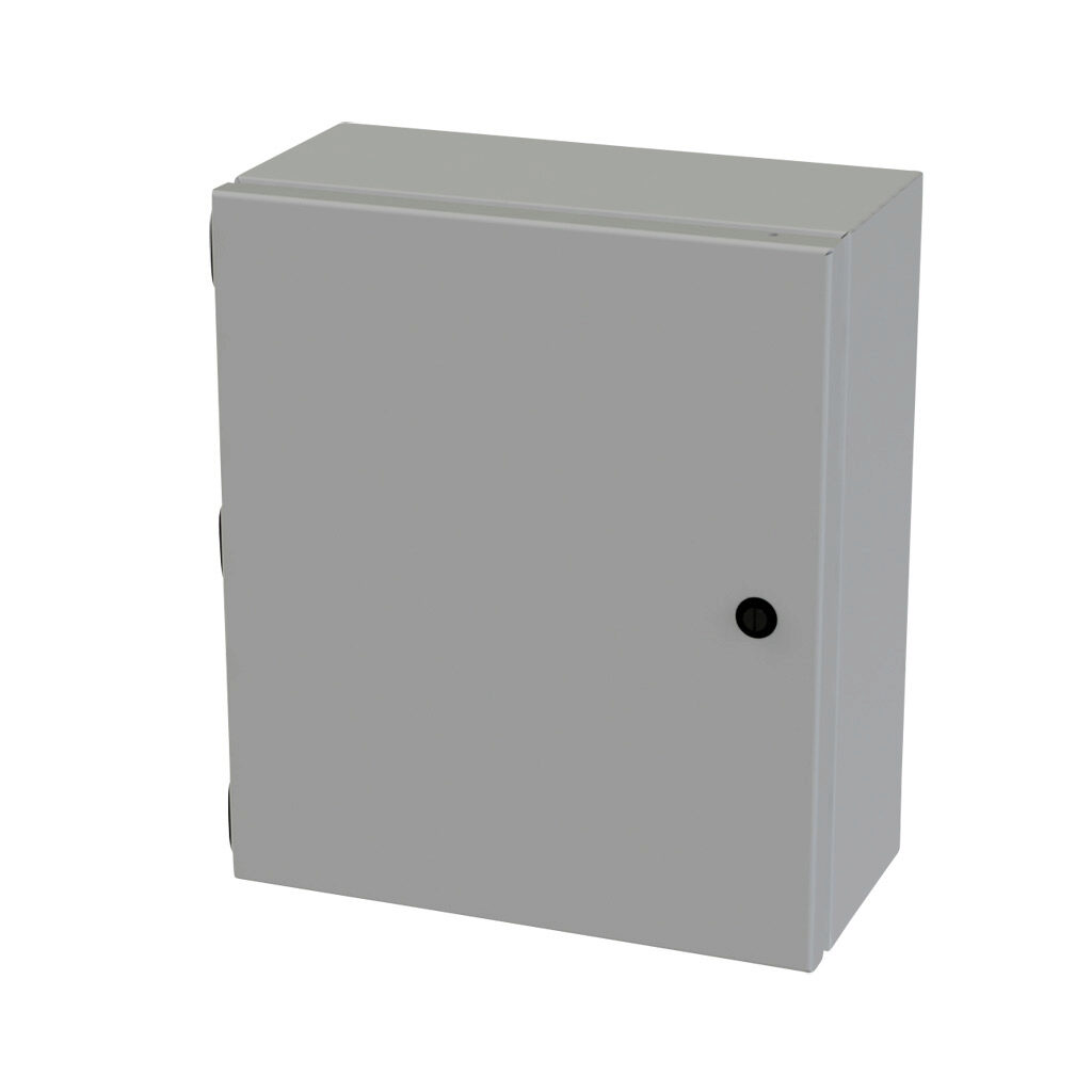 SCE-1412ELJ - Saginaw Enviroline Junction series enclosure, NEMA 3R/4/12/13, 14 x 12 x 6in (HxWxD), wall mount, carbon steel, ANSI 61 gray, powder coat finish, single-door, 1/4-turn semi-flush latch.