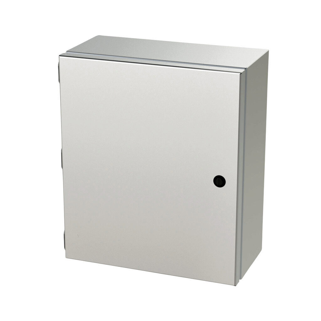 SCE-1412ELJSS - Saginaw Enviroline Junction series enclosure, NEMA 3R/4/4X/12/13, 14 x 12 x 6in (HxWxD), wall mount, 304 stainless steel, #4 brush finish, single-door, 1/4-turn semi-flush latch.