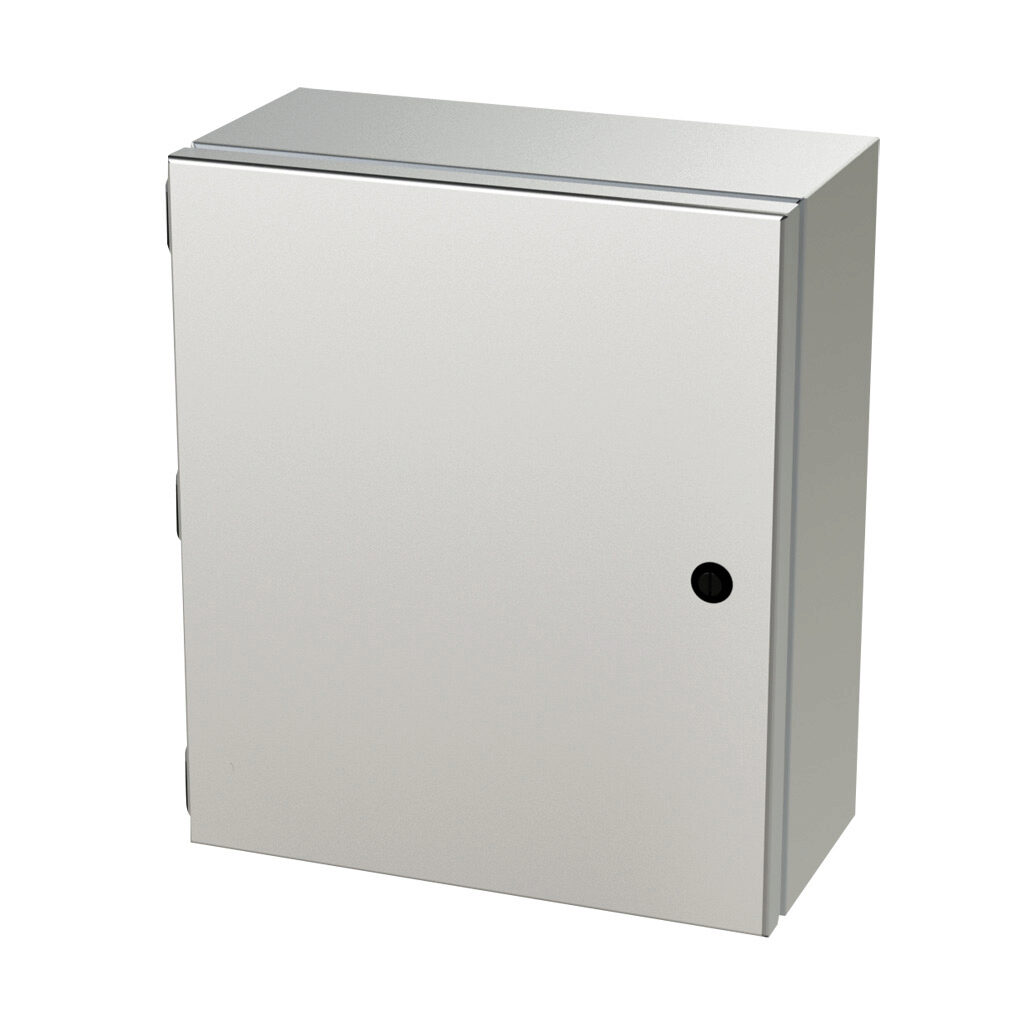 SCE-1412ELJSS6 - Saginaw Enviroline Junction series enclosure, NEMA 3R/4/4X/12/13, 14 x 12 x 6in (HxWxD), wall mount, 316L stainless steel, #4 brush finish, single-door, 1/4-turn semi-flush latch.