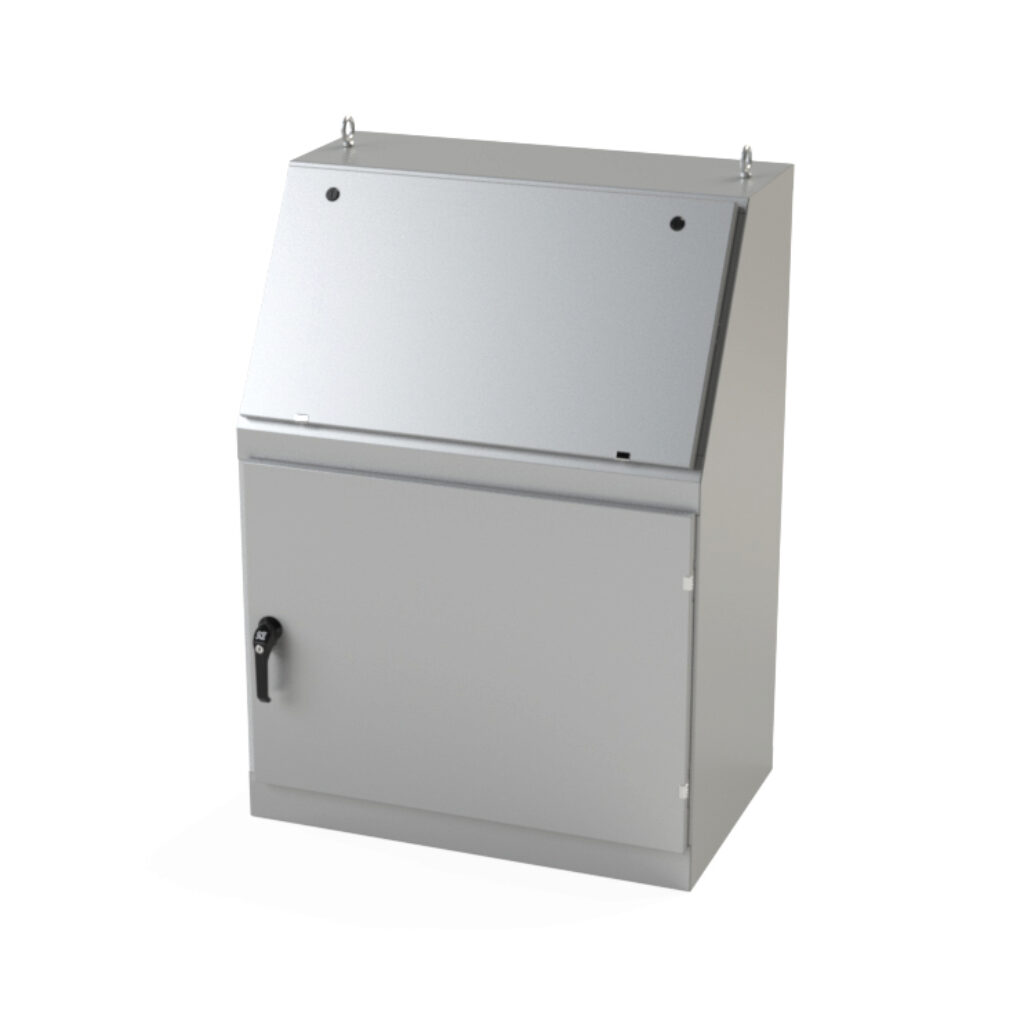 SCE-1436B - Saginaw operator console, NEMA 3R/12/13, 50 x 36 x 23in (HxWxD), freestanding, dual access, carbon steel, ANSI 61 gray, powder coat finish, single-door, 3-point keylocking/padlocking combo handle, handle hasp.