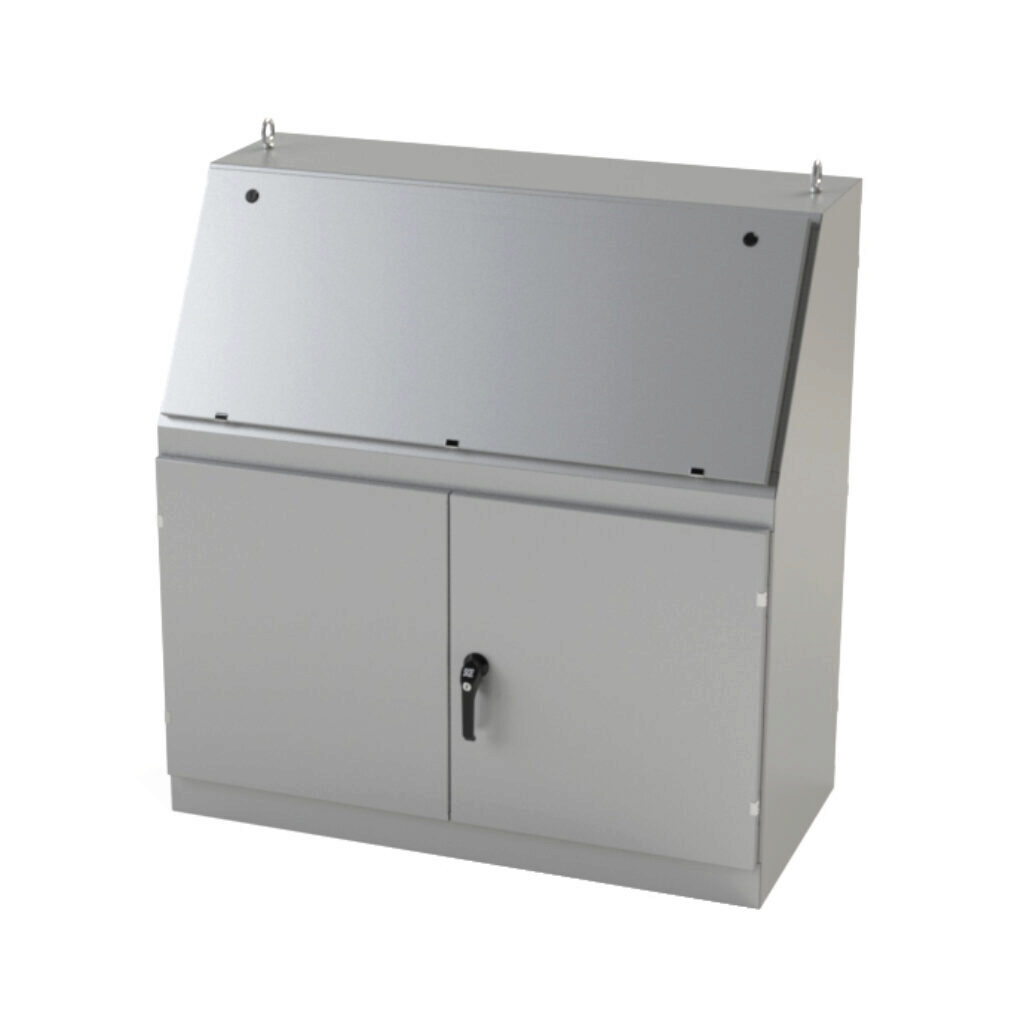 SCE-1448BD - Saginaw operator console, NEMA 3R/12/13, 50 x 48 x 23in (HxWxD), freestanding, dual access, carbon steel, ANSI 61 gray, powder coat finish, double-door, 3-point keylocking/padlocking combo handle, handle hasp.