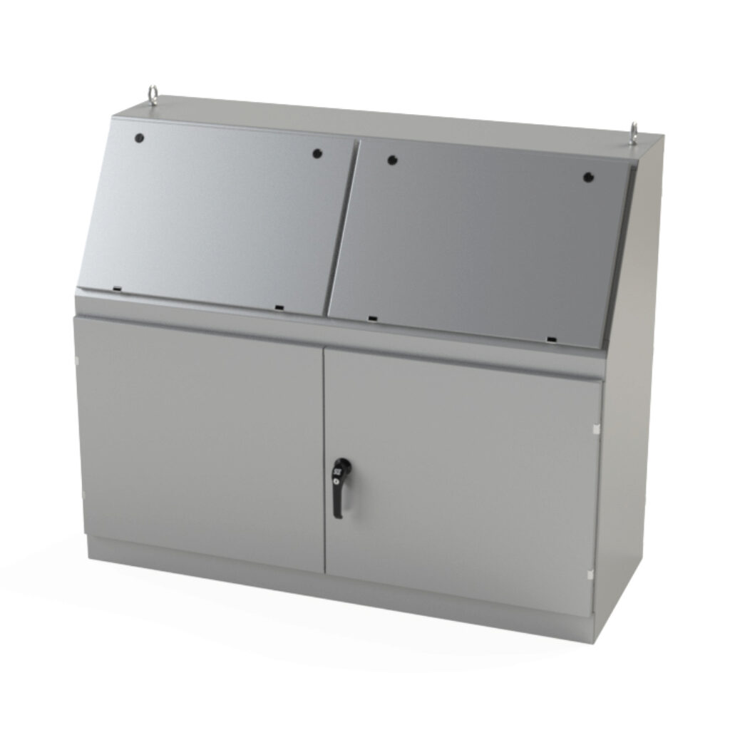 SCE-1460BD - Saginaw operator console, NEMA 3R/12/13, 50 x 60 x 23in (HxWxD), freestanding, dual access, carbon steel, ANSI 61 gray, powder coat finish, double-door, 3-point keylocking/padlocking combo handle, handle hasp.
