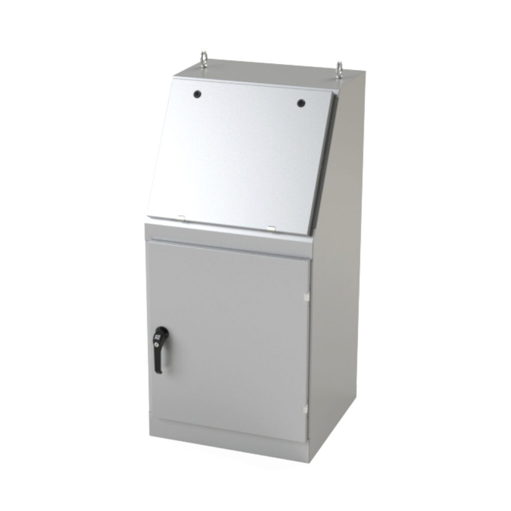 SCE-14B - Saginaw operator console, NEMA 3R/12/13, 50 x 24 x 23in (HxWxD), freestanding, dual access, carbon steel, ANSI 61 gray, powder coat finish, single-door, 3-point keylocking/padlocking combo handle, handle hasp.