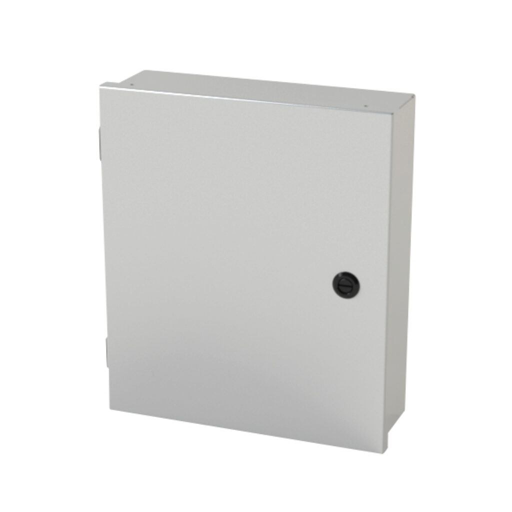 SCE-14N1204LP - Saginaw enclosure, NEMA 1, 14 x 12 x 4in (HxWxD), wall mount, carbon steel, ANSI 61 gray, powder coat finish, single-door, 1/4-turn semi-flush latch.
