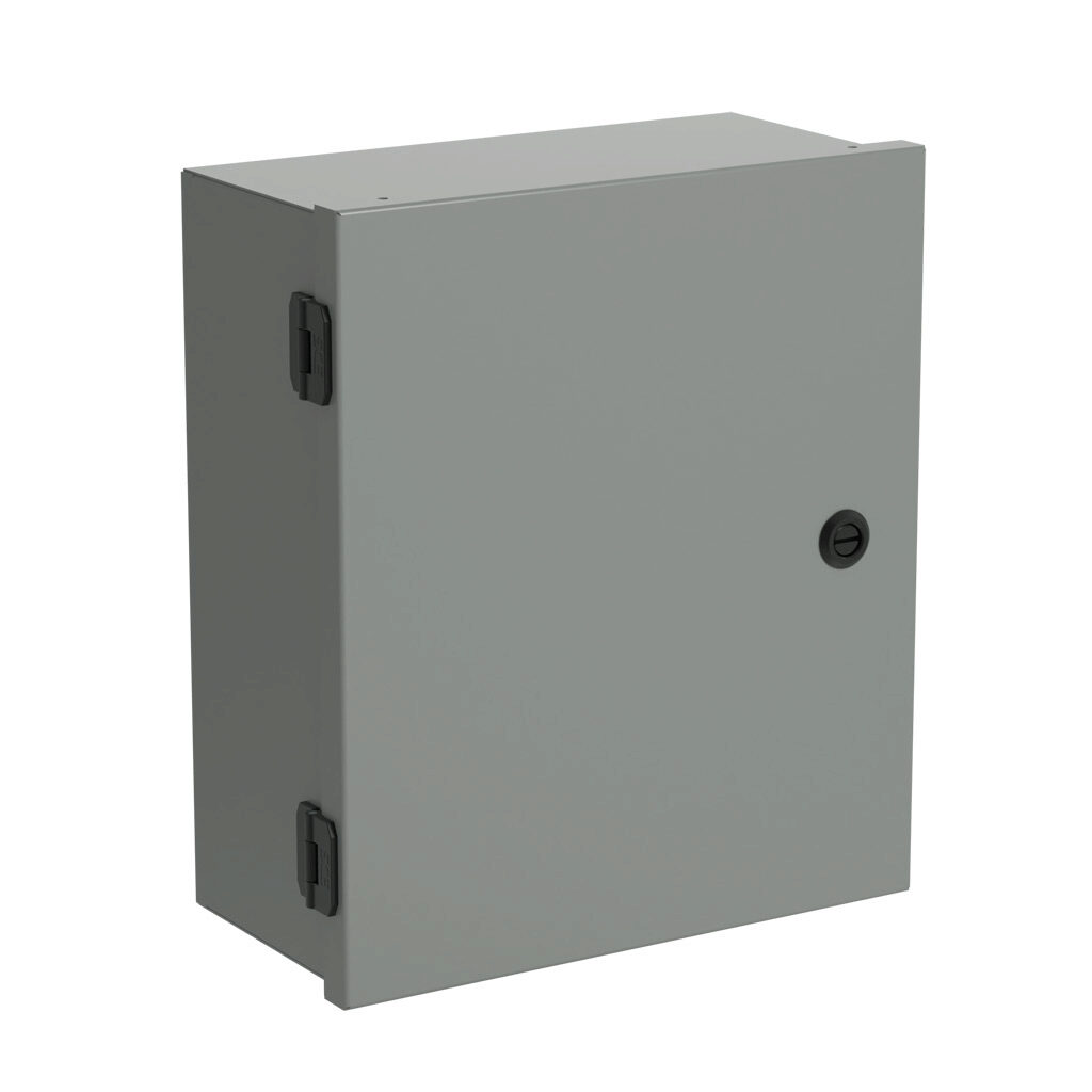 SCE-14N1206NKLP - Saginaw enclosure, NEMA 1, 14 x 12 x 6in (HxWxD), wall mount, with knockouts, carbon steel, ANSI 61 gray, powder coat finish, single-door, 1/4-turn semi-flush latch.