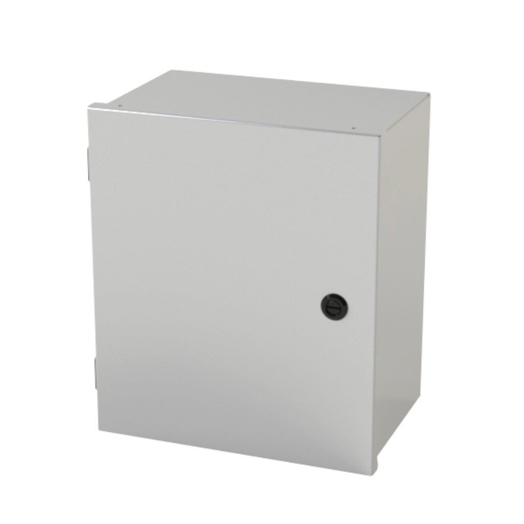 SCE-14N1208LP - Saginaw enclosure, NEMA 1, 14 x 12 x 8in (HxWxD), wall mount, carbon steel, ANSI 61 gray, powder coat finish, single-door, 1/4-turn semi-flush latch.