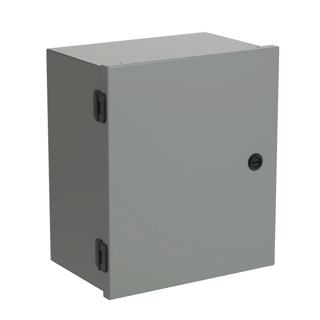 SCE-14N1208NKLP - Saginaw enclosure, NEMA 1, 14 x 12 x 8in (HxWxD), wall mount, with knockouts, carbon steel, ANSI 61 gray, powder coat finish, single-door, 1/4-turn semi-flush latch.