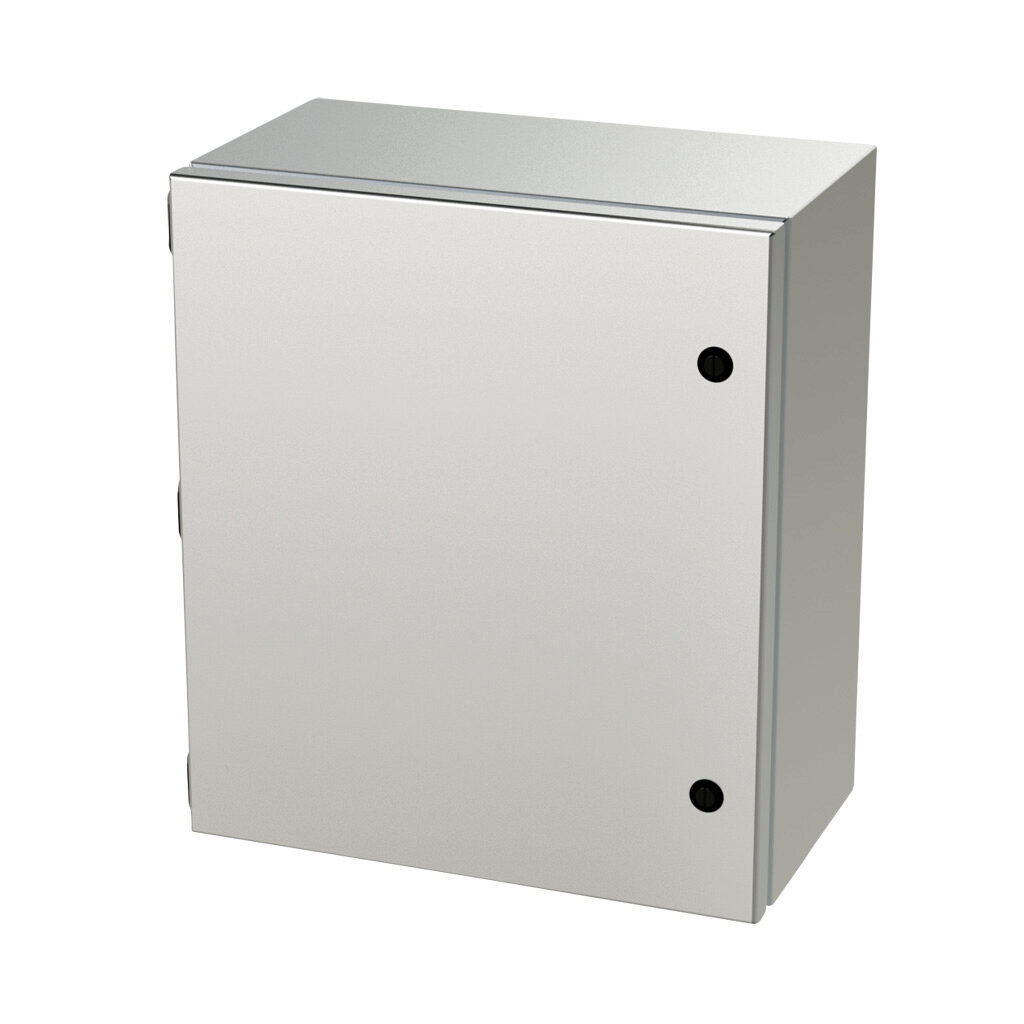 SCE-16148ELJSS - Saginaw Enviroline Junction series enclosure, NEMA 3R/4/4X/12/13, 16 x 14 x 8in (HxWxD), wall mount, 304 stainless steel, #4 brush finish, single-door, 1/4-turn semi-flush latch.