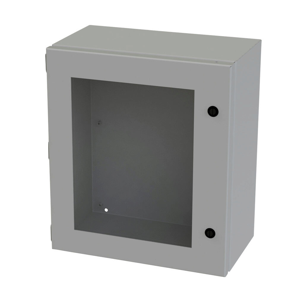 SCE-16148ELJW - Saginaw Enviroline Junction series enclosure, NEMA 3R/4/12/13, 16 x 14 x 8in (HxWxD), wall mount, carbon steel, ANSI 61 gray, powder coat finish, single-door, 1/4-turn semi-flush latch, polycarbonate window.