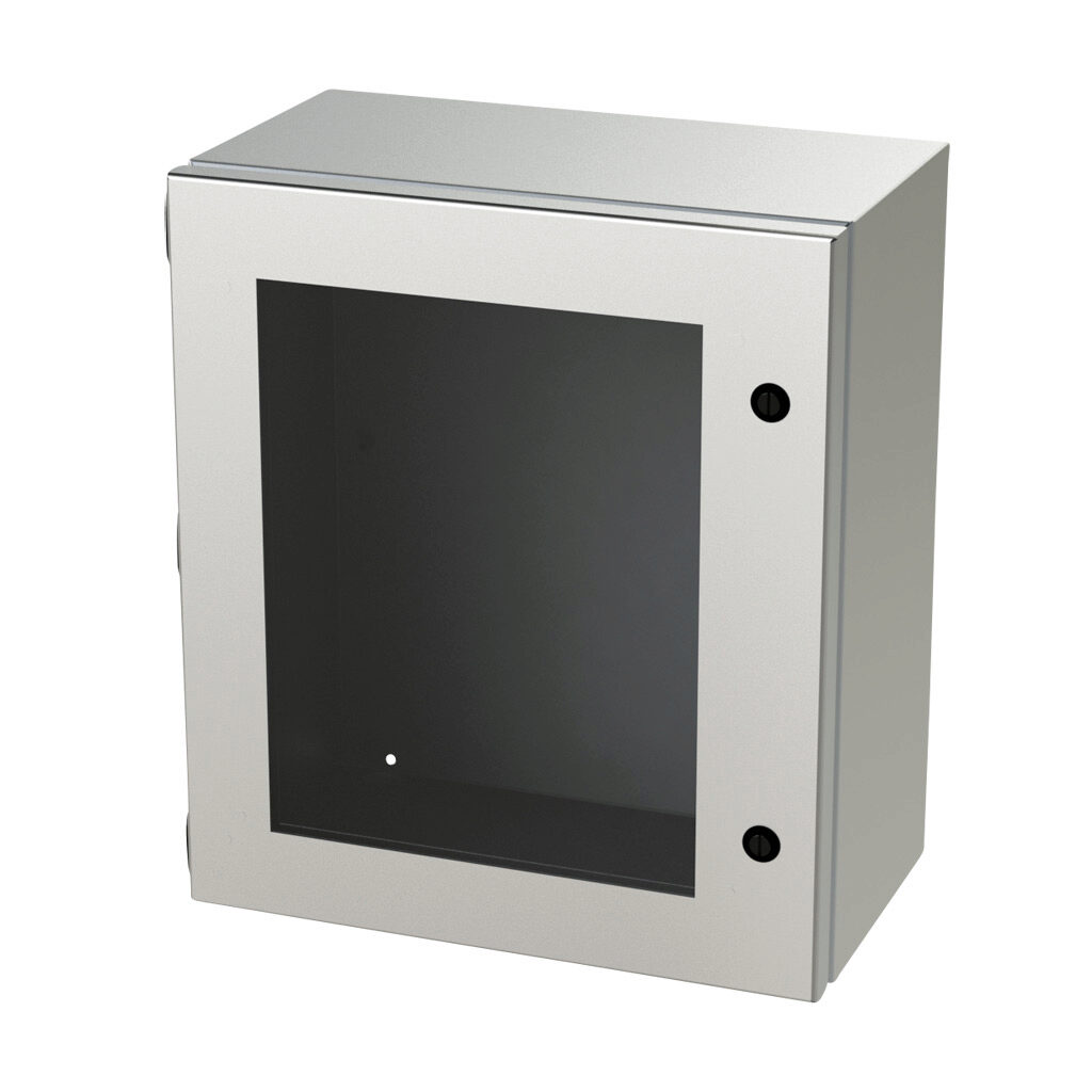 SCE-16148ELJWSS - Saginaw Enviroline Junction series enclosure, NEMA 3R/4/4X/12/13, 16 x 14 x 8in (HxWxD), wall mount, 304 stainless steel, #4 brush finish, single-door, 1/4-turn semi-flush latch, polycarbonate window.