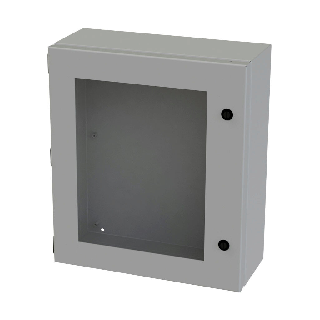 SCE-1614ELJW - Saginaw Enviroline Junction series enclosure, NEMA 3R/4/12/13, 16 x 14 x 6in (HxWxD), wall mount, carbon steel, ANSI 61 gray, powder coat finish, single-door, 1/4-turn semi-flush latch, polycarbonate window.