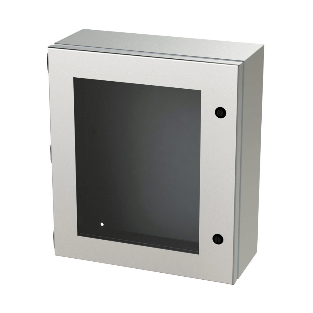 SCE-1614ELJWSS - Saginaw Enviroline Junction series enclosure, NEMA 3R/4/4X/12/13, 16 x 14 x 6in (HxWxD), wall mount, 304 stainless steel, #4 brush finish, single-door, 1/4-turn semi-flush latch, polycarbonate window.