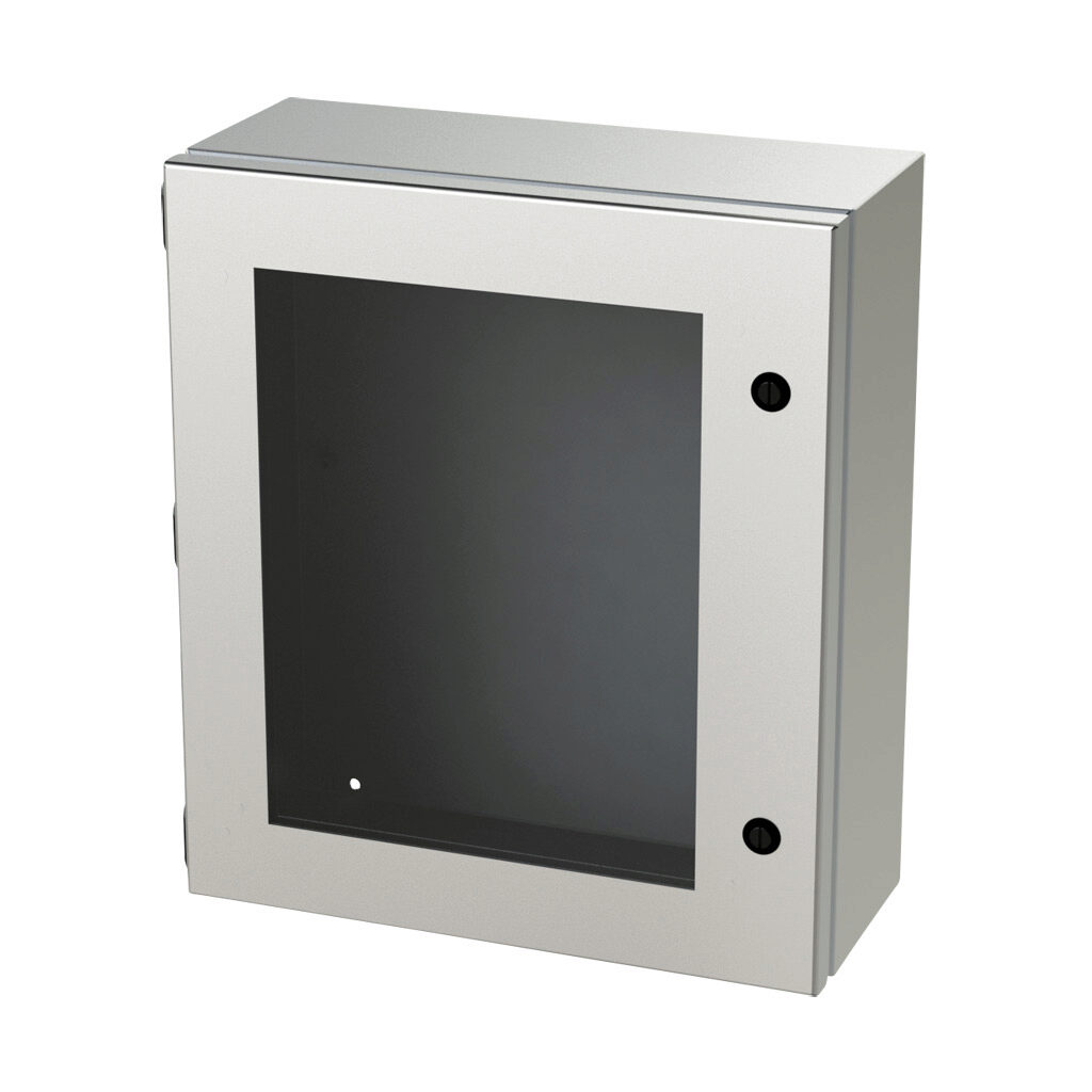 SCE-1614ELJWSS6 - Saginaw Enviroline Junction series enclosure, NEMA 3R/4/4X/12/13, 16 x 14 x 6in (HxWxD), wall mount, 316L stainless steel, #4 brush finish, single-door, 1/4-turn semi-flush latch, polycarbonate window.