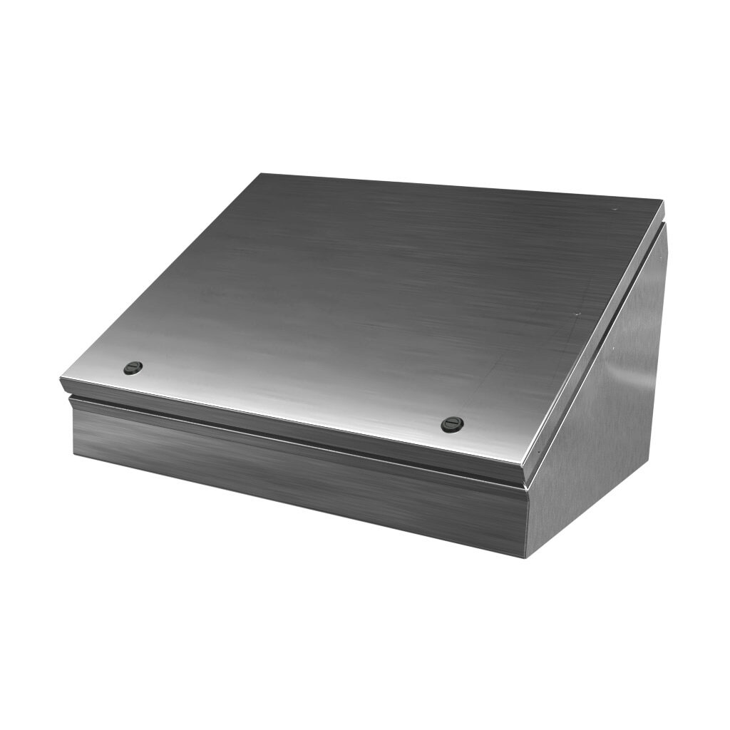 SCE-16C20ELJSS - Saginaw operator consolet, NEMA 3R/4/4X/12/13, 16 x 20 x 11in (HxWxD), desktop or pedestal mount, 304 stainless steel, #4 brush finish, single-door, 1/4-turn semi-flush latch.