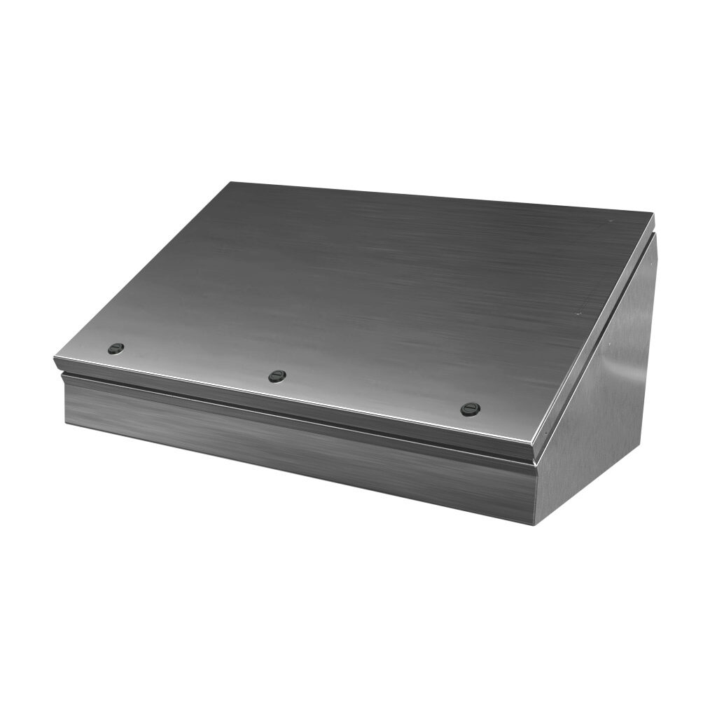 SCE-16C24ELJSS - Saginaw operator consolet, NEMA 3R/4/4X/12/13, 16 x 24 x 11in (HxWxD), desktop or pedestal mount, 304 stainless steel, #4 brush finish, single-door, 1/4-turn semi-flush latch.