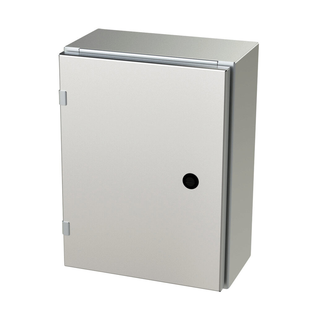 SCE-16EL1206SSLP - Saginaw Enviroline series enclosure, NEMA 3R/4/4X/12/13, 16 x 12 x 6in (HxWxD), wall mount, 304 stainless steel, #4 brush finish, single-door, 1/4-turn semi-flush latch.