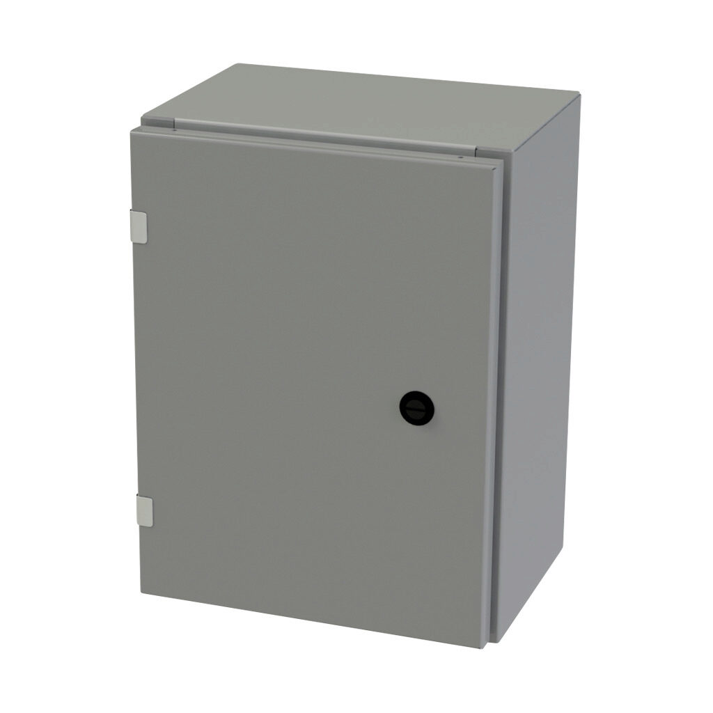 SCE-16EL1208LP - Saginaw Enviroline series enclosure, NEMA 3R/4/12/13, 16 x 12 x 8in (HxWxD), wall mount, carbon steel, ANSI 61 gray, powder coat finish, single-door, 1/4-turn semi-flush latch.