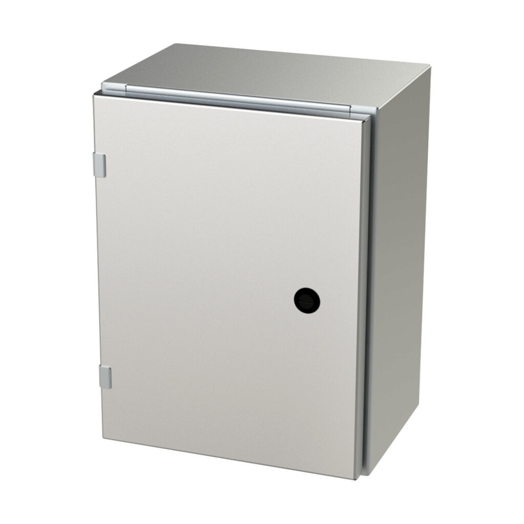 SCE-16EL1208SS6LP - Saginaw Enviroline series enclosure, NEMA 3R/4/4X/12/13, 16 x 12 x 8in (HxWxD), wall mount, 316L stainless steel, #4 brush finish, single-door, 1/4-turn semi-flush latch.