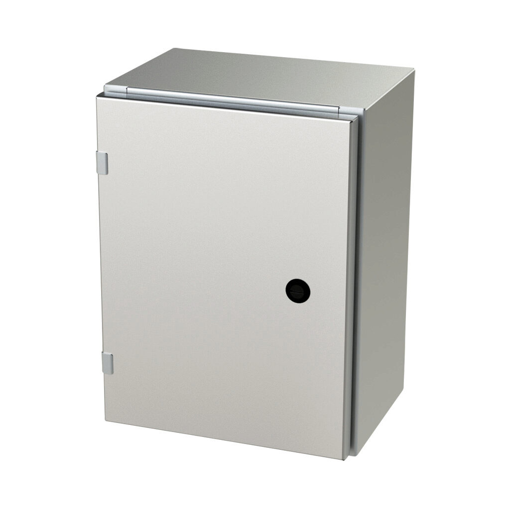 SCE-16EL1208SSLP - Saginaw Enviroline series enclosure, NEMA 3R/4/4X/12/13, 16 x 12 x 8in (HxWxD), wall mount, 304 stainless steel, #4 brush finish, single-door, 1/4-turn semi-flush latch.