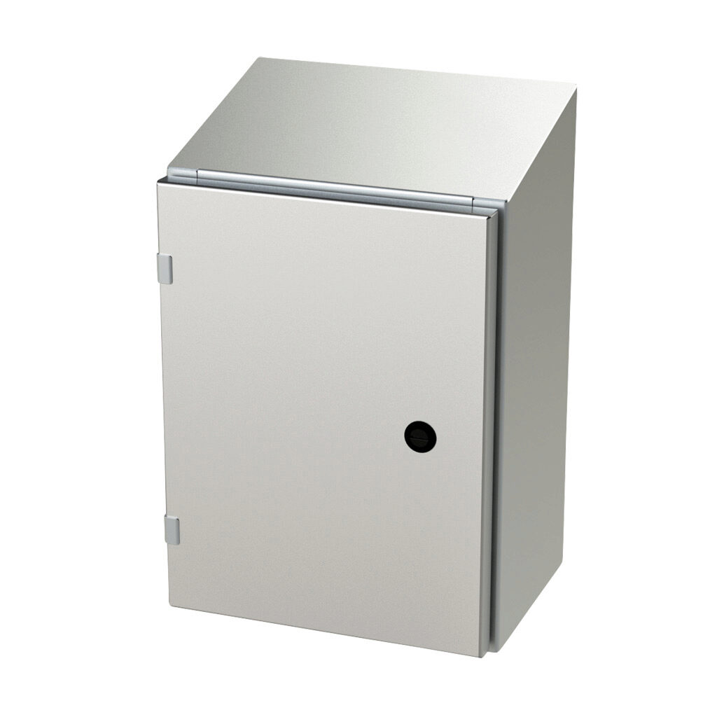 SCE-16EL1208SSST - Saginaw Enviroline series enclosure, slope top, NEMA 3R/4/4X/12/13, 16 x 12 x 8in (HxWxD), wall mount, 304 stainless steel, #4 brush finish, single-door, 1/4-turn semi-flush latch.