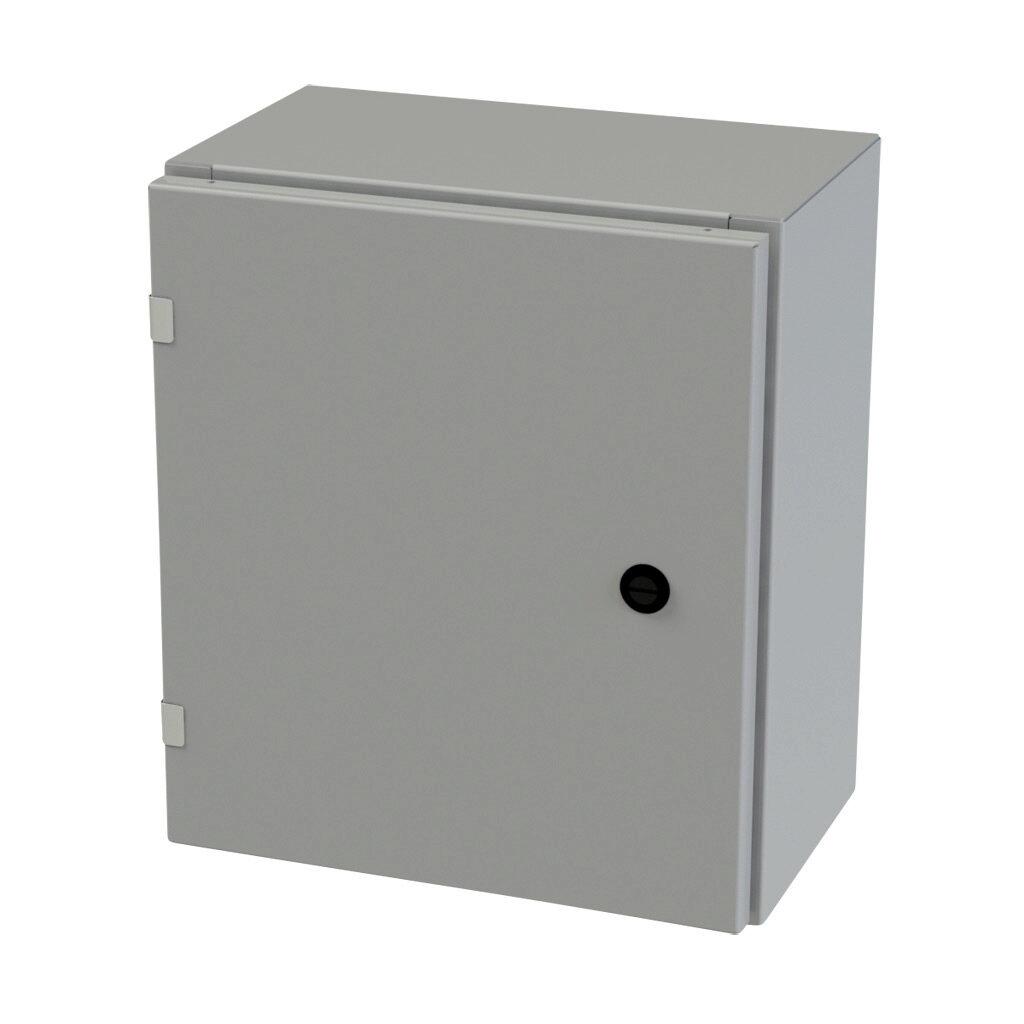 SCE-16EL1408LP - Saginaw Enviroline series enclosure, NEMA 3R/4/12/13, 16 x 14 x 8in (HxWxD), wall mount, carbon steel, ANSI 61 gray, powder coat finish, single-door, 1/4-turn semi-flush latch.