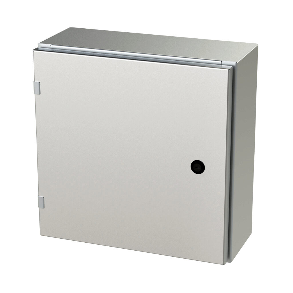 SCE-16EL1606SS6LP - Saginaw Enviroline series enclosure, NEMA 3R/4/4X/12/13, 16 x 16 x 6in (HxWxD), wall mount, 316L stainless steel, #4 brush finish, single-door, 1/4-turn semi-flush latch.
