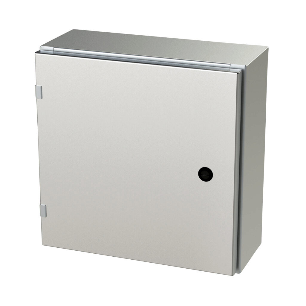 SCE-16EL1606SSLP - Saginaw Enviroline series enclosure, NEMA 3R/4/4X/12/13, 16 x 16 x 6in (HxWxD), wall mount, 304 stainless steel, #4 brush finish, single-door, 1/4-turn semi-flush latch.