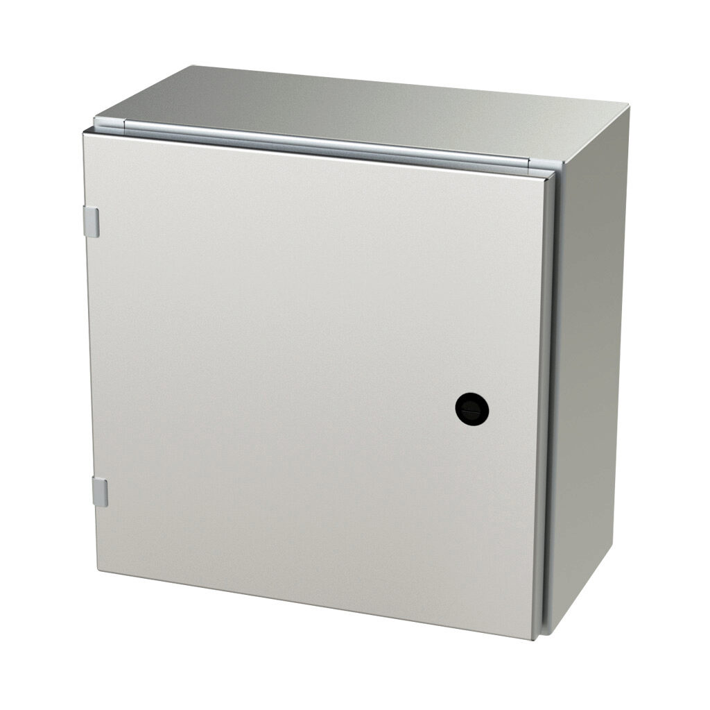 SCE-16EL1608SS6LP - Saginaw Enviroline series enclosure, NEMA 3R/4/4X/12/13, 16 x 16 x 8in (HxWxD), wall mount, 316L stainless steel, #4 brush finish, single-door, 1/4-turn semi-flush latch.
