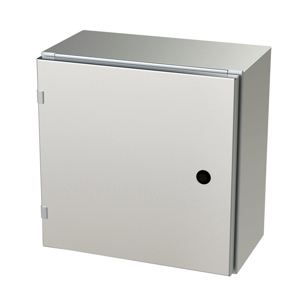 SCE-16EL1608SSLP - Saginaw Enviroline series enclosure, NEMA 3R/4/4X/12/13, 16 x 16 x 8in (HxWxD), wall mount, 304 stainless steel, #4 brush finish, single-door, 1/4-turn semi-flush latch.