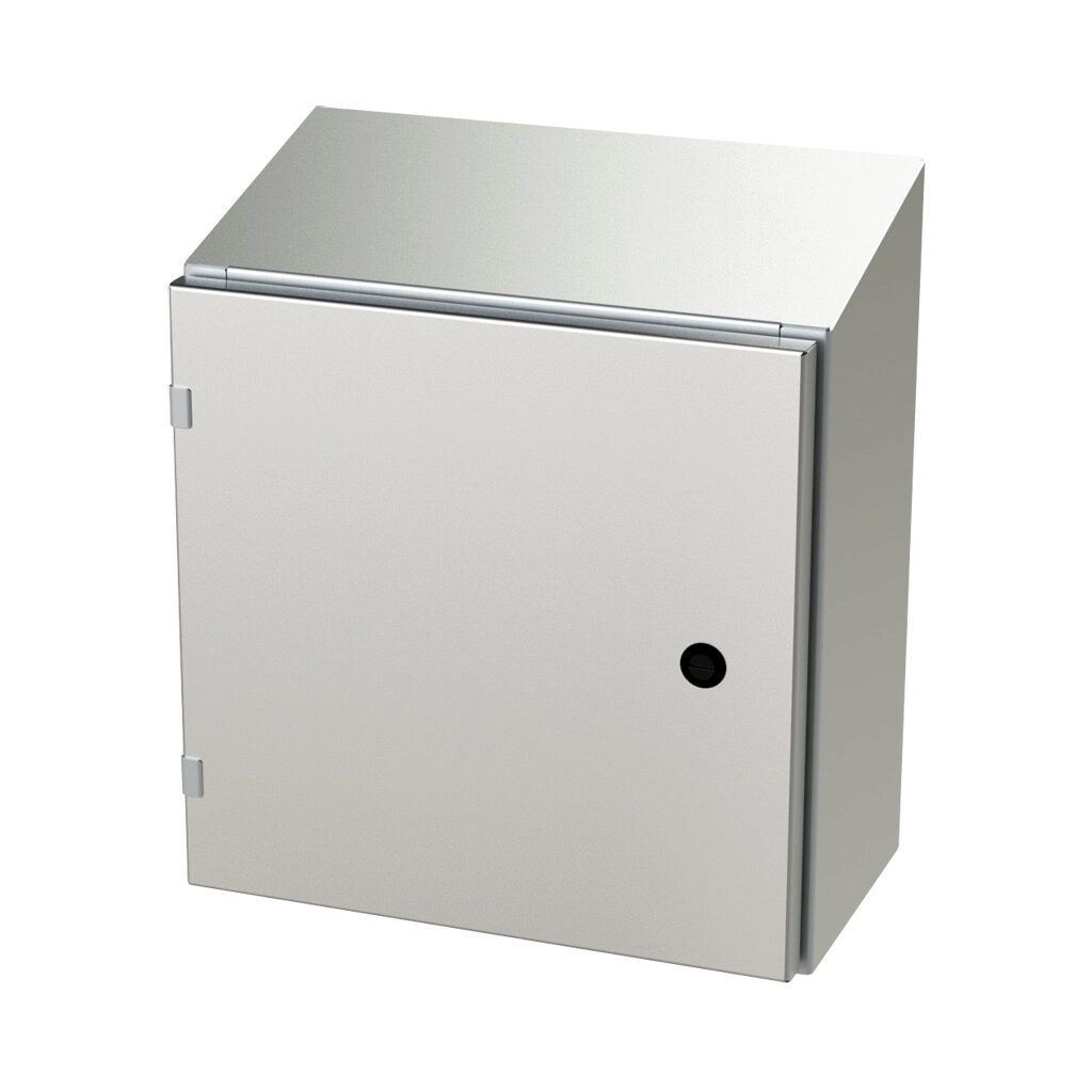 SCE-16EL1608SSST - Saginaw Enviroline series enclosure, slope top, NEMA 3R/4/4X/12/13, 16 x 16 x 8in (HxWxD), wall mount, 304 stainless steel, #4 brush finish, single-door, 1/4-turn semi-flush latch.