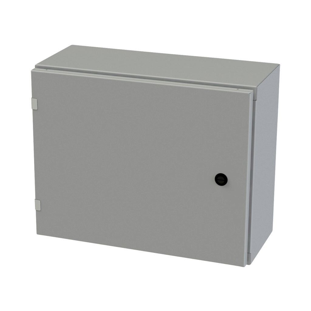 SCE-16EL2008LP - Saginaw Enviroline series enclosure, NEMA 3R/4/12/13, 16 x 20 x 8in (HxWxD), wall mount, carbon steel, ANSI 61 gray, powder coat finish, single-door, 1/4-turn semi-flush latch.