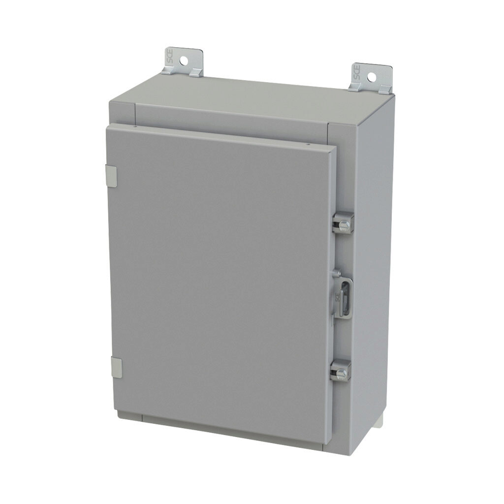 SCE-16H1206LP - Saginaw enclosure, NEMA 3R/4/12/13, 16 x 12 x 6in (HxWxD), wall mount, carbon steel, ANSI 61 gray, powder coat finish, single-door, plated steel clamps, padlock hasp and staple.