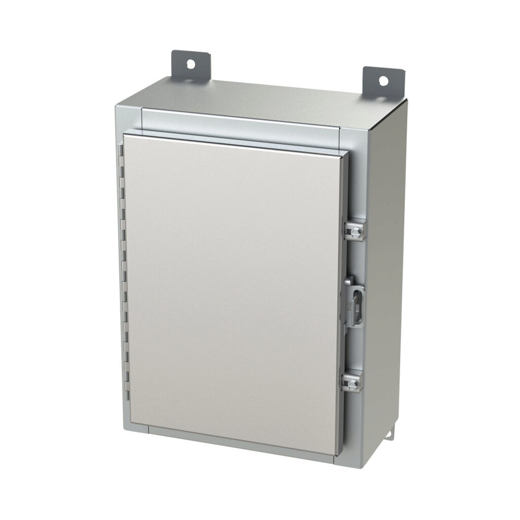 SCE-16H1206SS6LP - Saginaw enclosure, NEMA 3R/4/4X/12/13, 16 x 12 x 6in (HxWxD), wall mount, 316L stainless steel, #4 brush finish, single-door, stainless steel clamps, padlock hasp and staple.