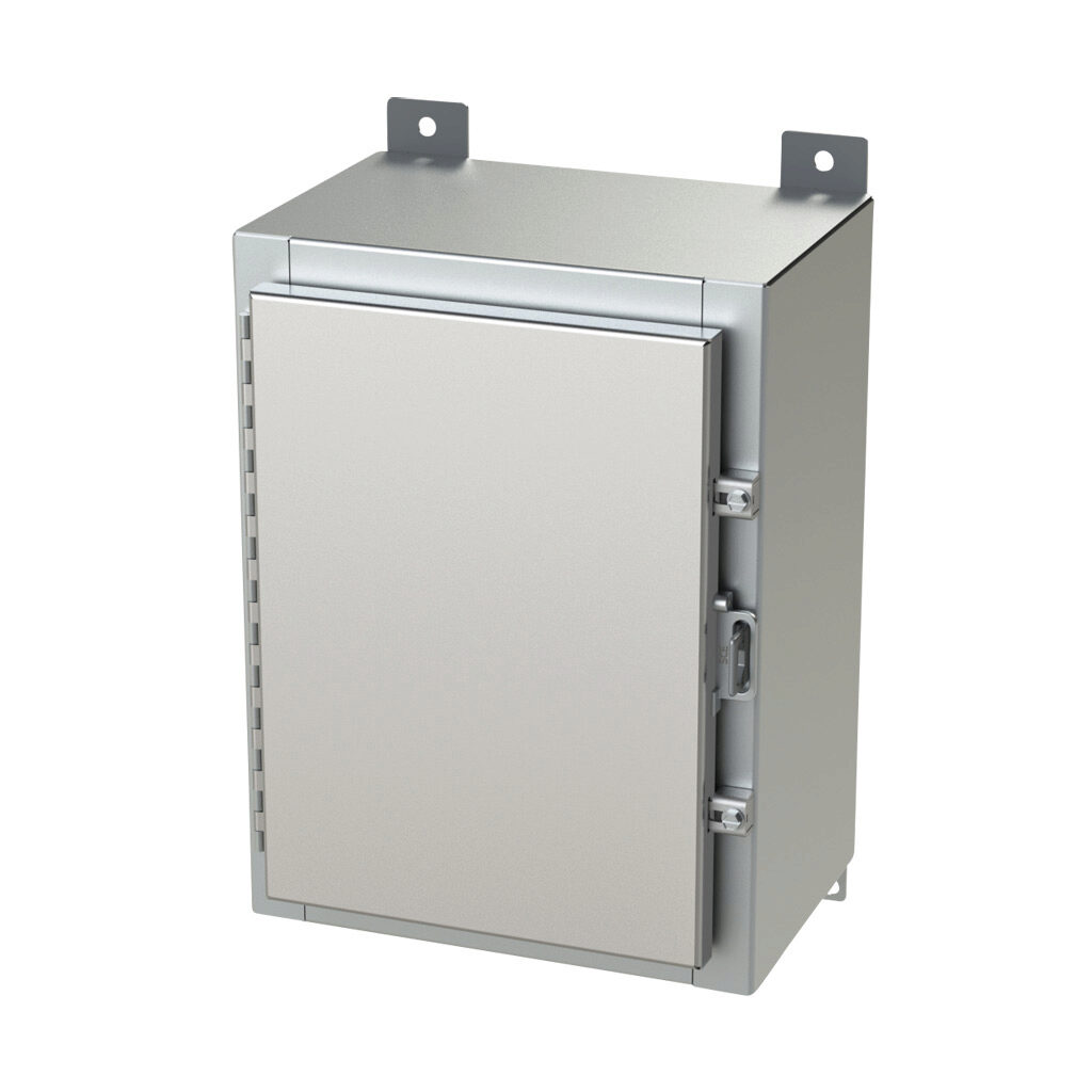 SCE-16H1208SSLP - Saginaw enclosure, NEMA 3R/4/4X/12/13, 16 x 12 x 8in (HxWxD), wall mount, 304 stainless steel, #4 brush finish, single-door, stainless steel clamps, padlock hasp and staple.