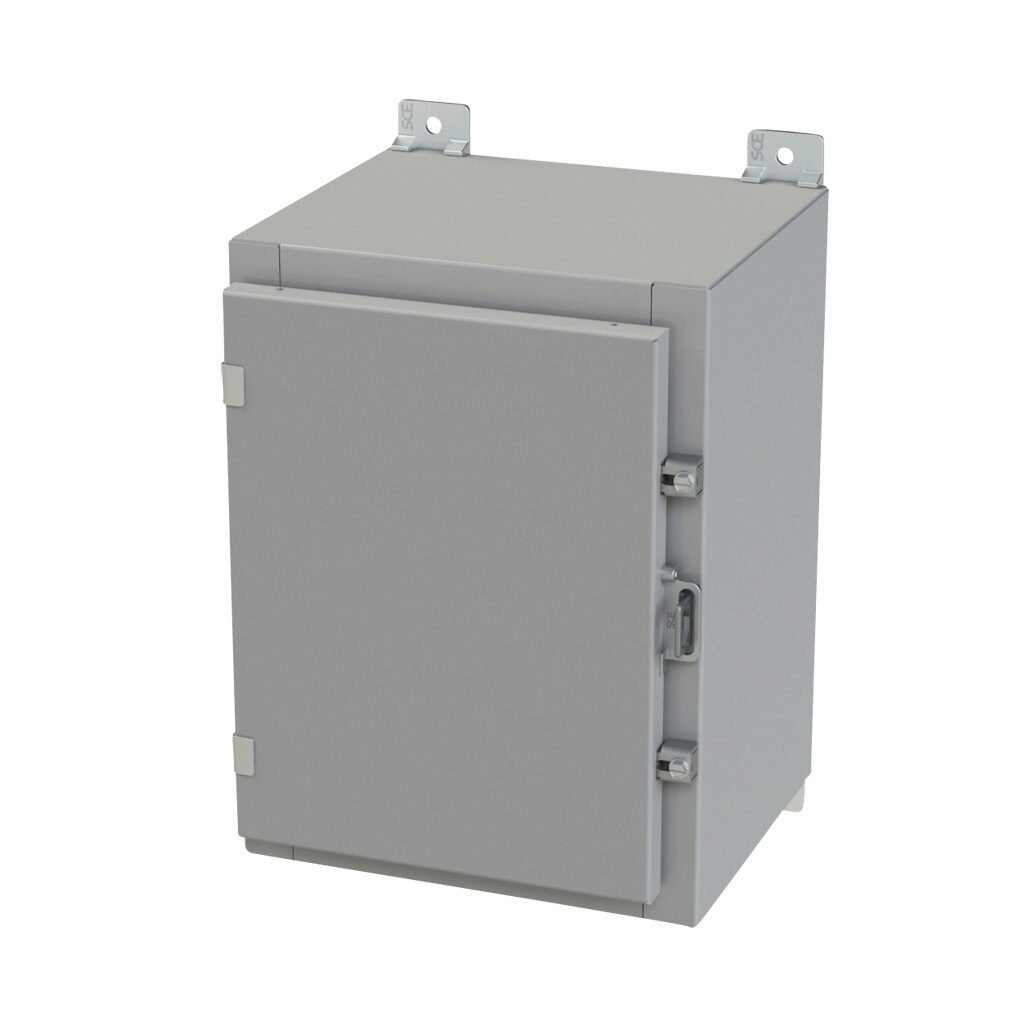 SCE-16H1210LP - Saginaw enclosure, NEMA 3R/4/12/13, 16 x 12 x 10in (HxWxD), wall mount, carbon steel, ANSI 61 gray, powder coat finish, single-door, plated steel clamps, padlock hasp and staple.