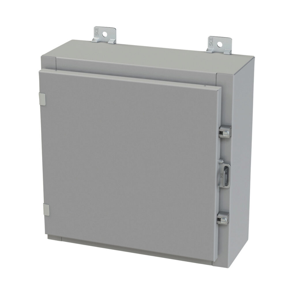 SCE-16H1606LP - Saginaw enclosure, NEMA 3R/4/12/13, 16 x 16 x 6in (HxWxD), wall mount, carbon steel, ANSI 61 gray, powder coat finish, single-door, plated steel clamps, padlock hasp and staple.