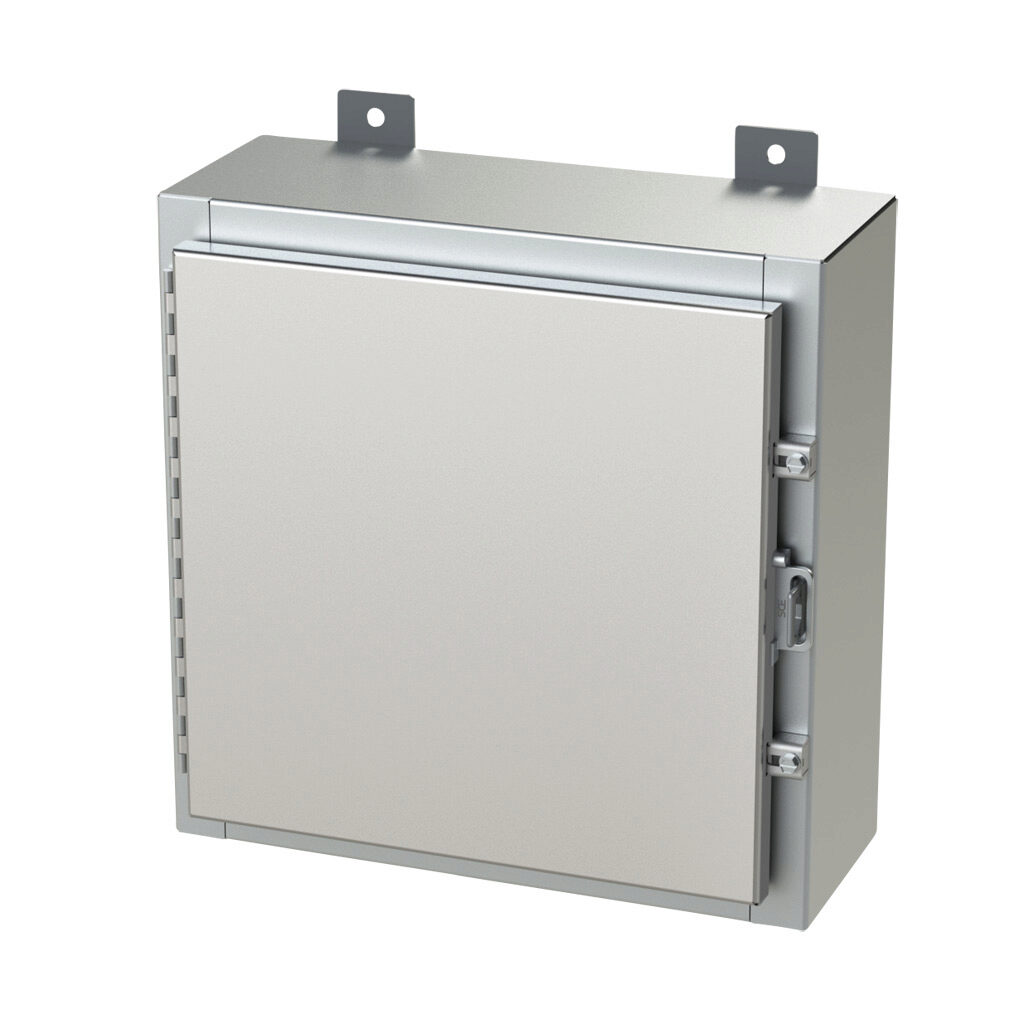 SCE-16H1606SS6LP - Saginaw enclosure, NEMA 3R/4/4X/12/13, 16 x 16 x 6in (HxWxD), wall mount, 316L stainless steel, #4 brush finish, single-door, stainless steel clamps, padlock hasp and staple.