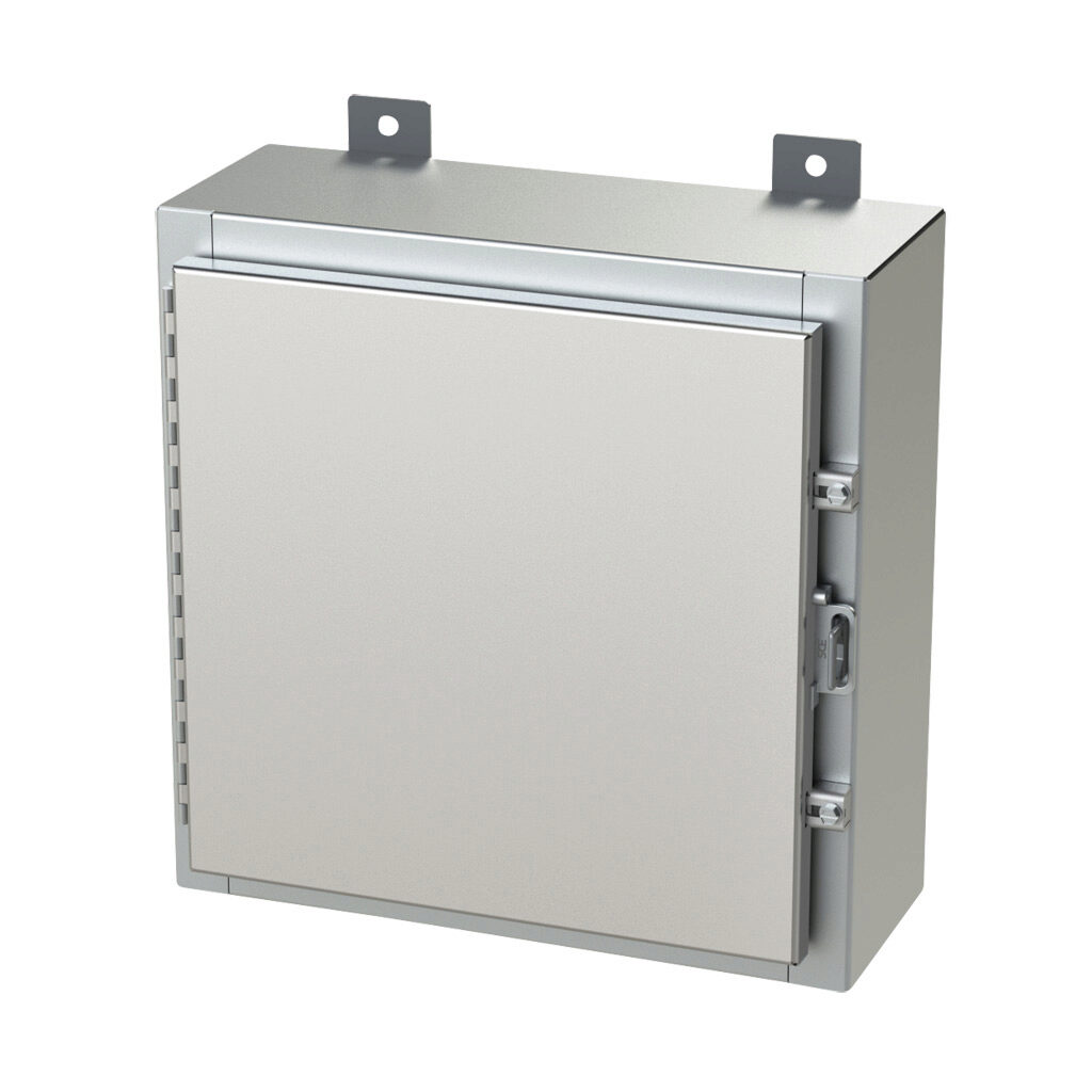 SCE-16H1606SSLP - Saginaw enclosure, NEMA 3R/4/4X/12/13, 16 x 16 x 6in (HxWxD), wall mount, 304 stainless steel, #4 brush finish, single-door, stainless steel clamps, padlock hasp and staple.