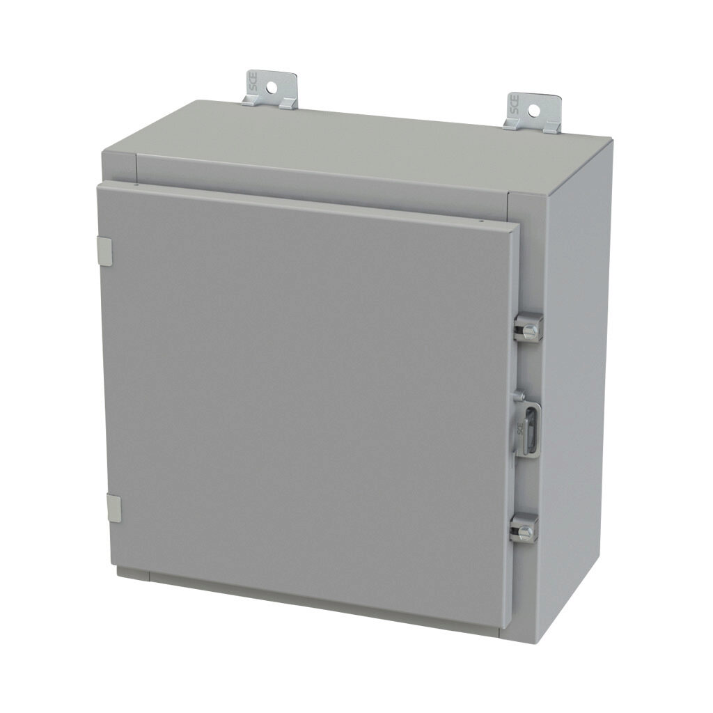 SCE-16H1608LP - Saginaw enclosure, NEMA 3R/4/12/13, 16 x 16 x 8in (HxWxD), wall mount, carbon steel, ANSI 61 gray, powder coat finish, single-door, plated steel clamps, padlock hasp and staple.